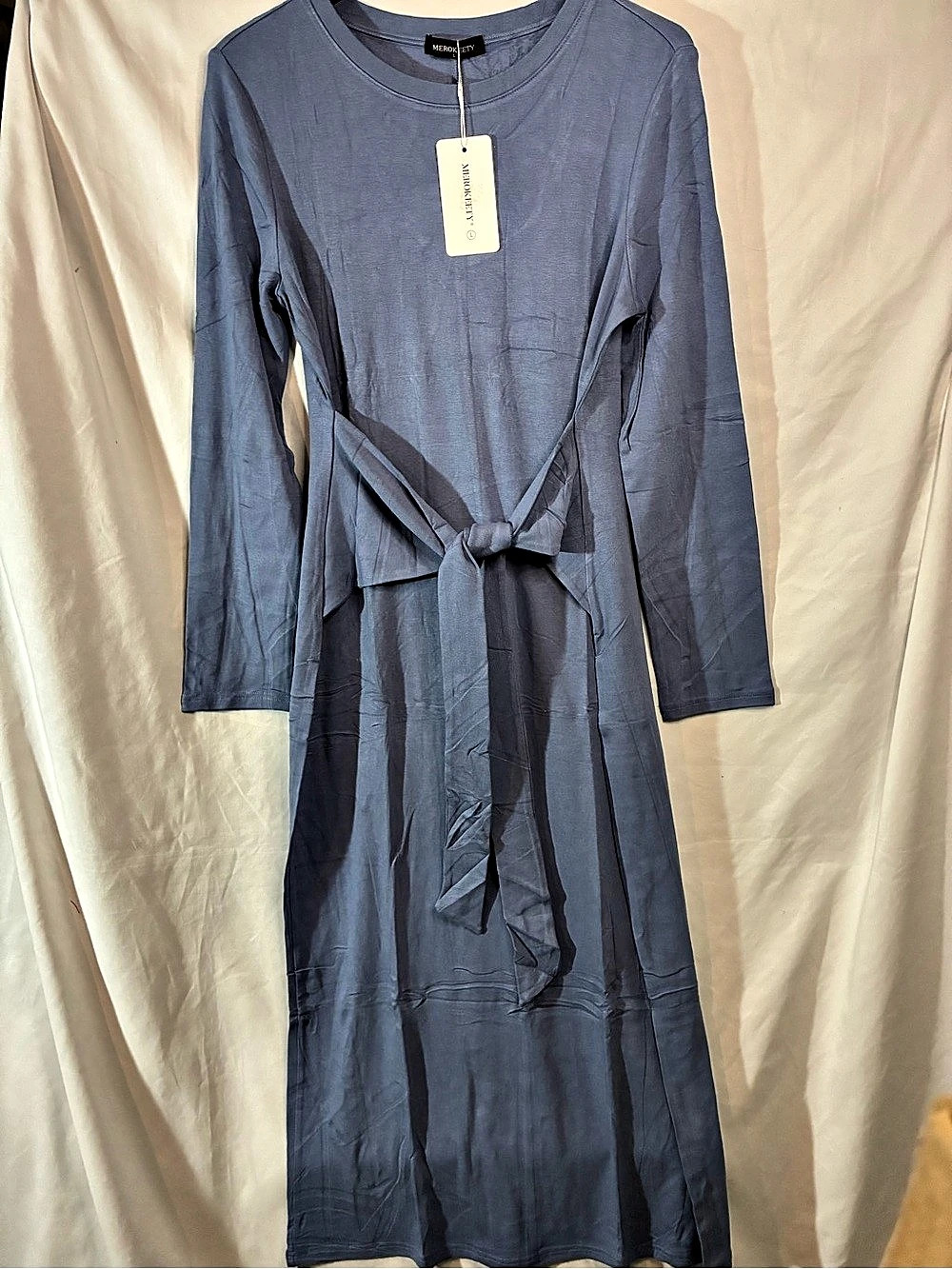 Merokeety Dress Long Sleeve Tie Waist Maxi Dress Blue Large NWT